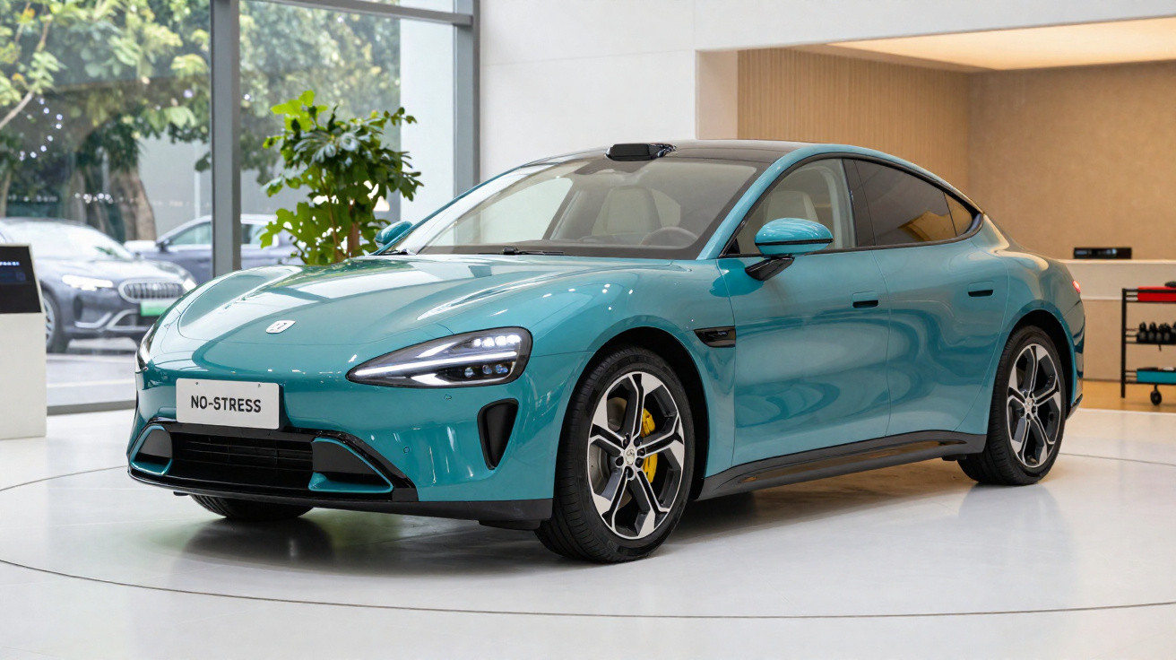 Carro esportivo elétrico azul exposição em showroom moderno com luz natural e placa "NO-STRESS".