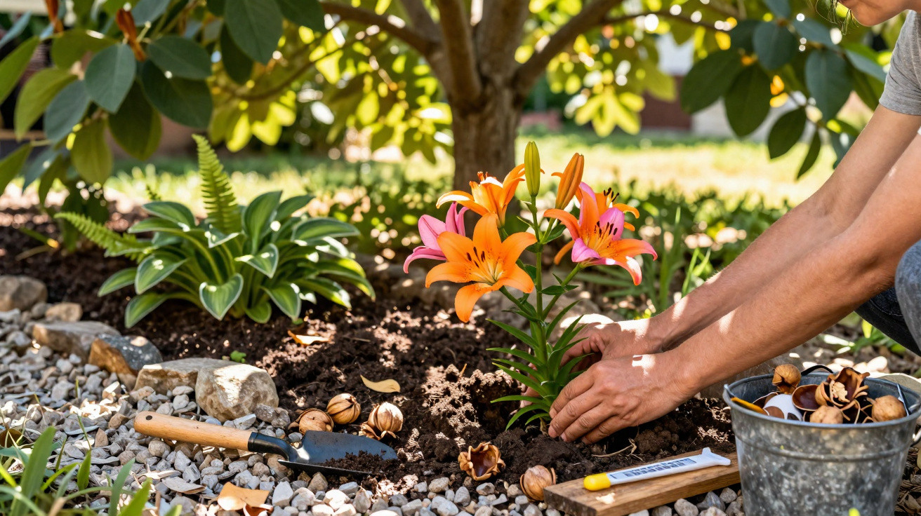 Pessoa plantando lírios laranja e rosa em jardim com folhas verdes e pedras.