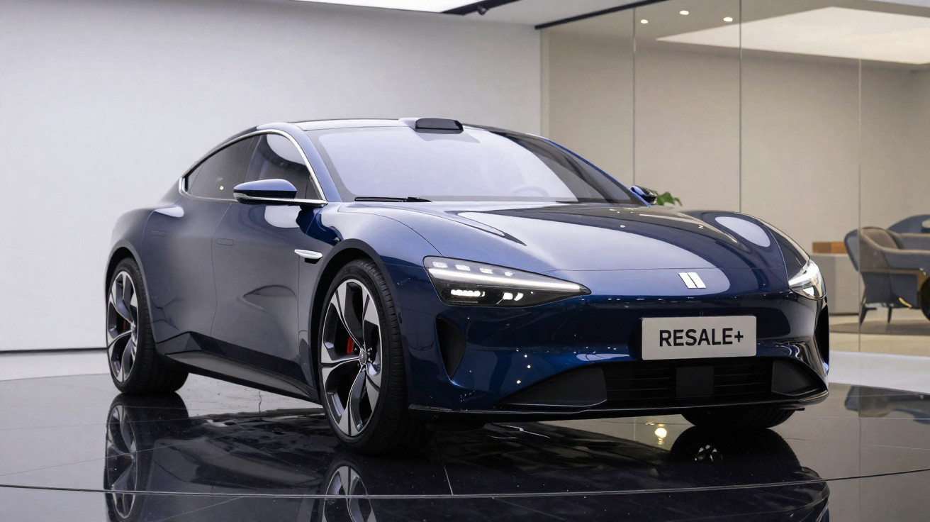 Carro esportivo elétrico azul exibido em showroom moderno com piso espelhado e paredes de vidro.