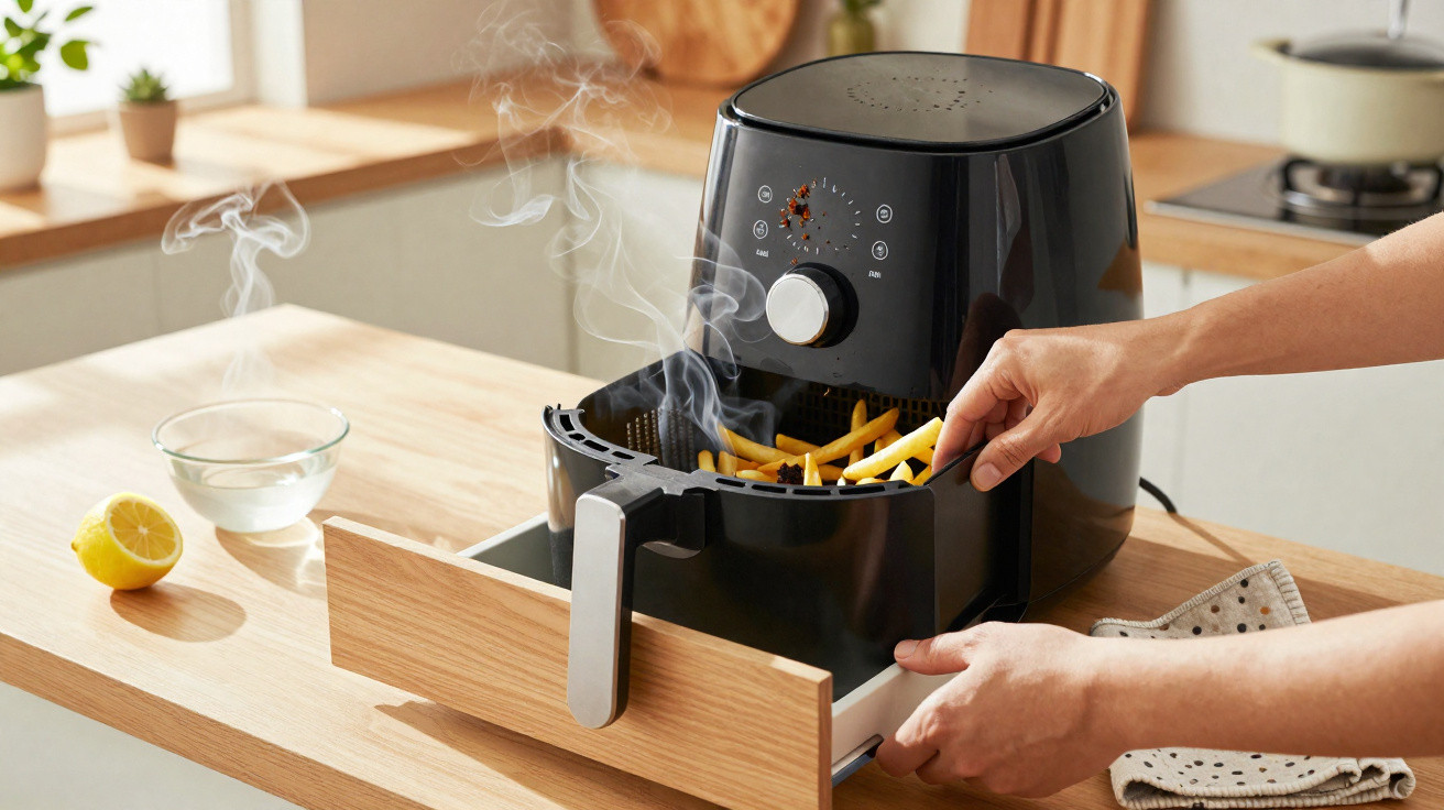 Mãos retirando batatas fritas quentes de uma air fryer preta sobre bancada de madeira clara.