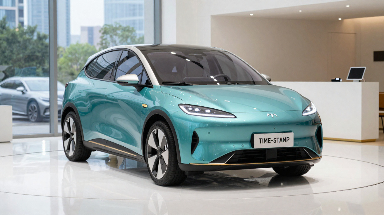 Carro elétrico azul turquesa exposto em showroom moderno com piso branco brilhante.