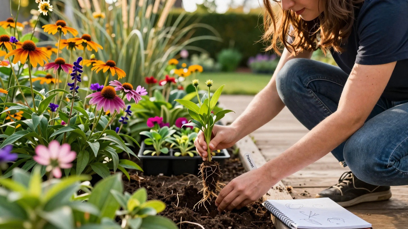 Pessoa plantando muda em jardim florido com caderno de desenhos ao lado em dia ensolarado.
