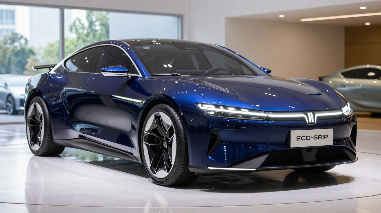 Carro esportivo azul escuro elétrico Eco-Grip em exposição interna, com design aerodinâmico moderno.