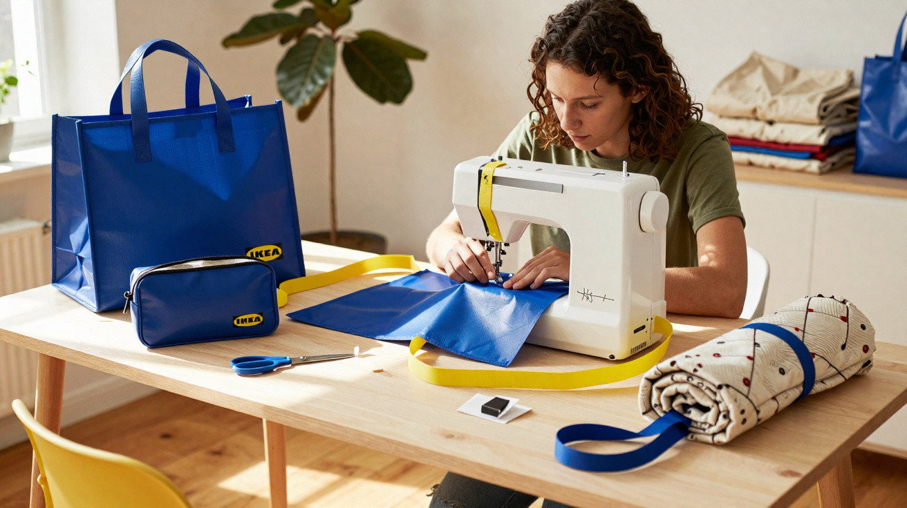 Mulher costurando tecido azul em máquina de costura, com sacolas e objetos em azul e amarelo na mesa.