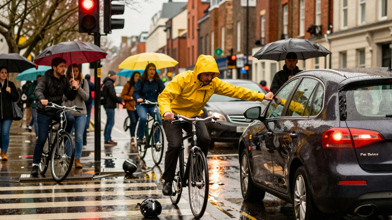 Homem de capa amarela na chuva cumprimenta motorista de carro em rua movimentada com pedestres e ciclistas.
