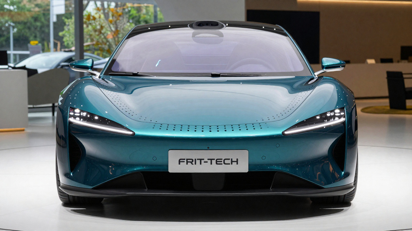Carro esportivo elétrico verde com design futurista exposto em ambiente interno moderno.