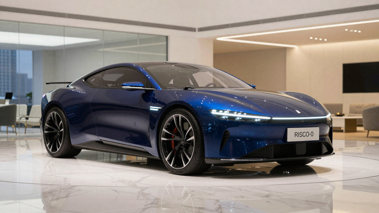 Carro esportivo azul metálico com faróis LED, rodas grandes e design aerodinâmico em ambiente interno moderno.