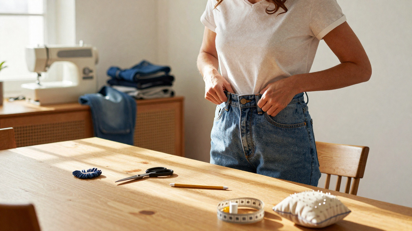 Pessoa ajustando calça jeans em mesa com tesoura, lápis, fita métrica e almofada com alfinetes.
