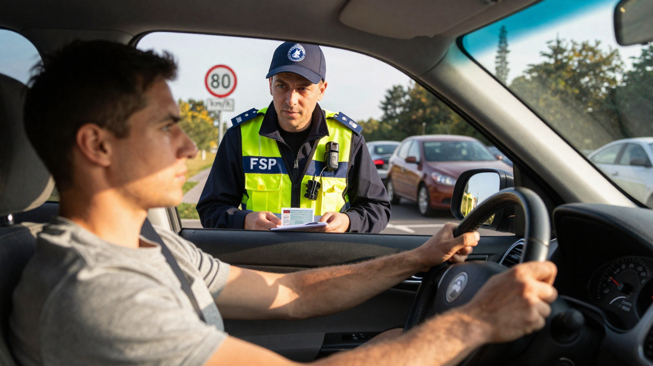 Policial de trânsito abordando motorista para checar documentos em dia ensolarado na estrada.