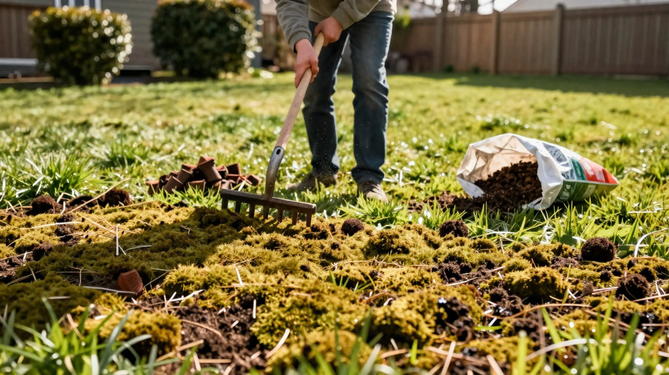 Pessoa usando ancinho para preparar solo de jardim em área gramada com saco de fertilizante aberto ao lado