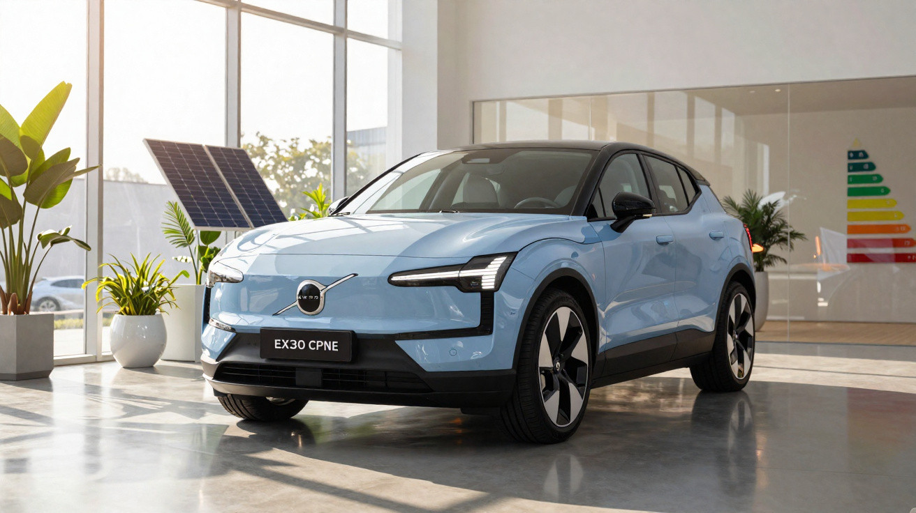 Carro elétrico Volvo EX30 CPNE azul claro exposto em ambiente moderno com plantas e painel solar.