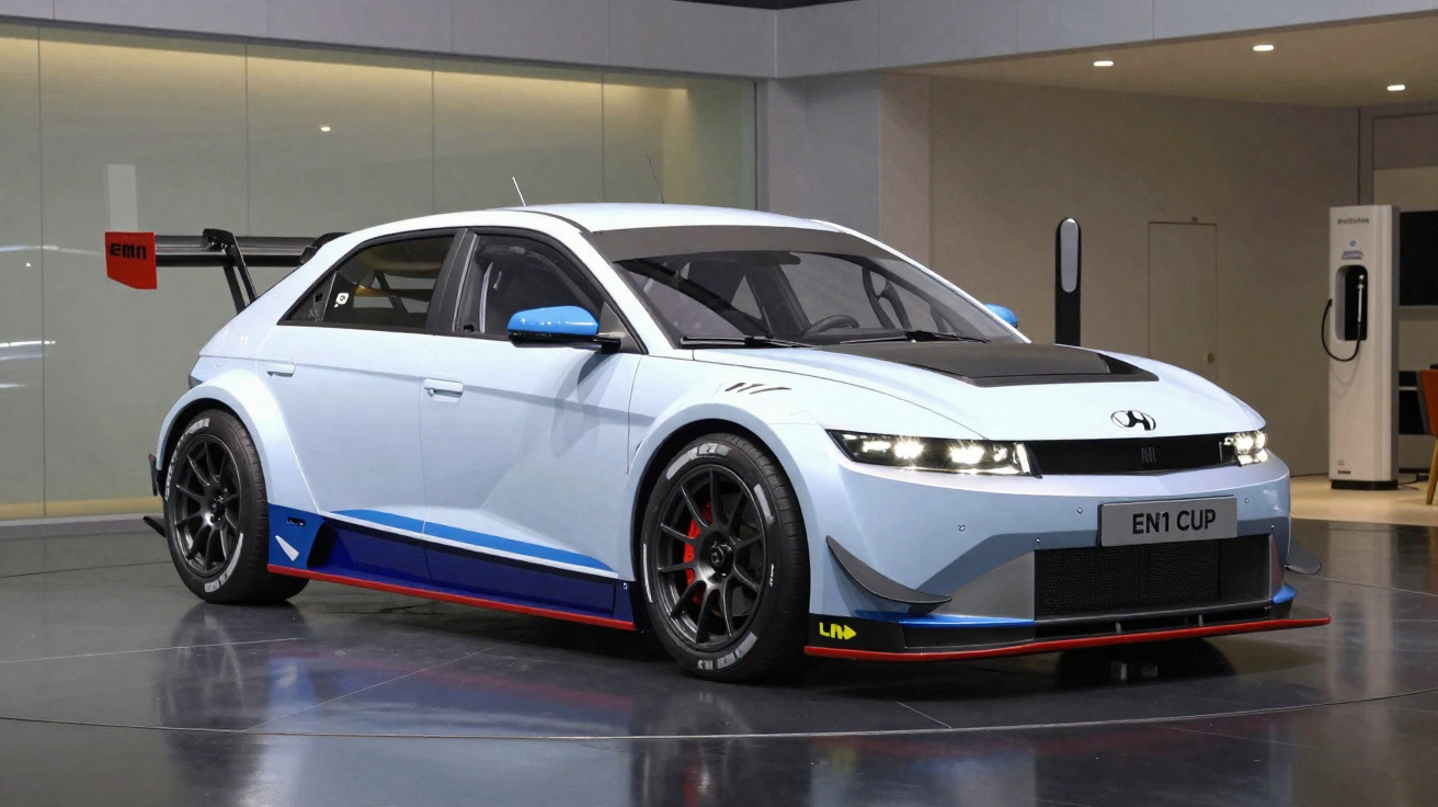 Carro esportivo Hyundai elétrico branco com detalhes em azul e aerofólio traseiro em ambiente moderno interno.