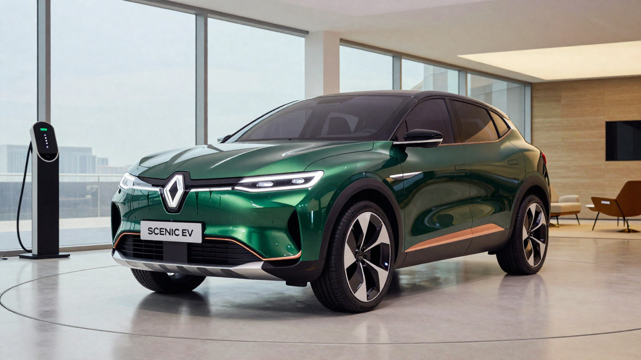 Carro elétrico Renault Scenic EV verde em showroom moderno com carregador ao lado.