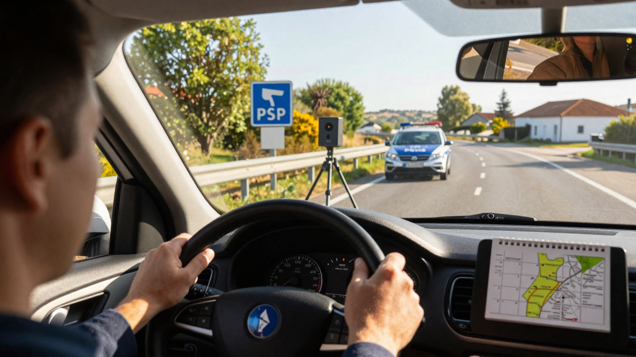 Condutor dirigindo em estrada com radar de velocidade e viatura policial à frente.
