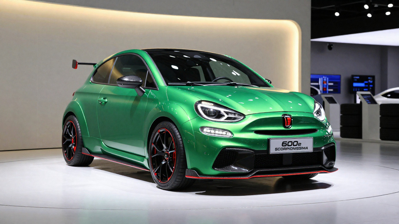 Carro esportivo Hatchback verde metálico com rodas pretas e detalhes vermelhos em exposição interna.