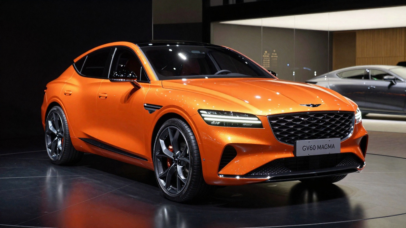 Carro esportivo laranja Genesis GV60 Magma estacionado em ambiente interno com iluminação moderna.