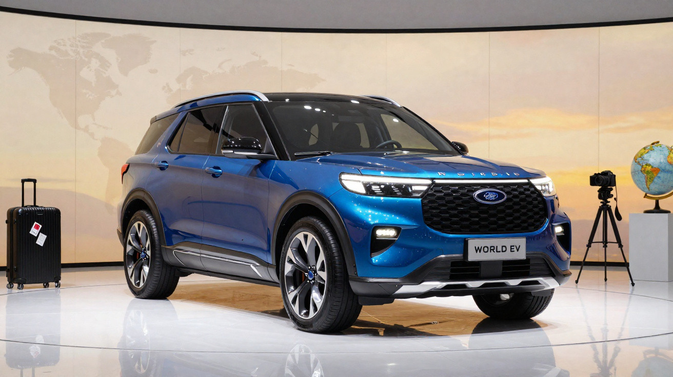 SUV elétrico azul Ford World EV exposto em estande com mala preta, tripé com câmera e globo terrestre ao fundo.