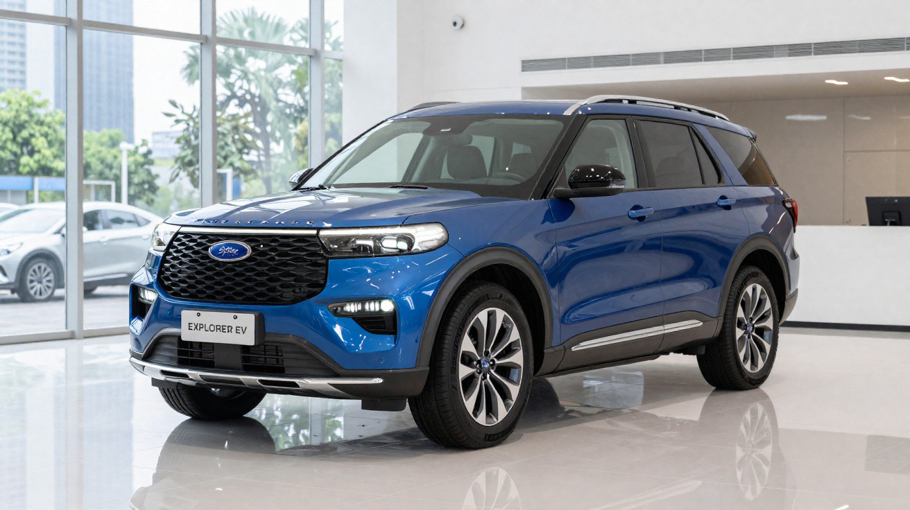 Carro SUV azul Ford Explorer EV elétrico exposto em showroom moderno e iluminado.