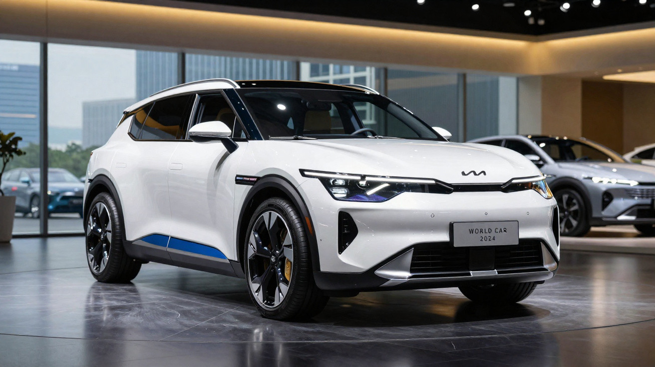 Carro elétrico branco modelo Kia EV6 exposto em salão automotivo moderno com iluminação destacada.