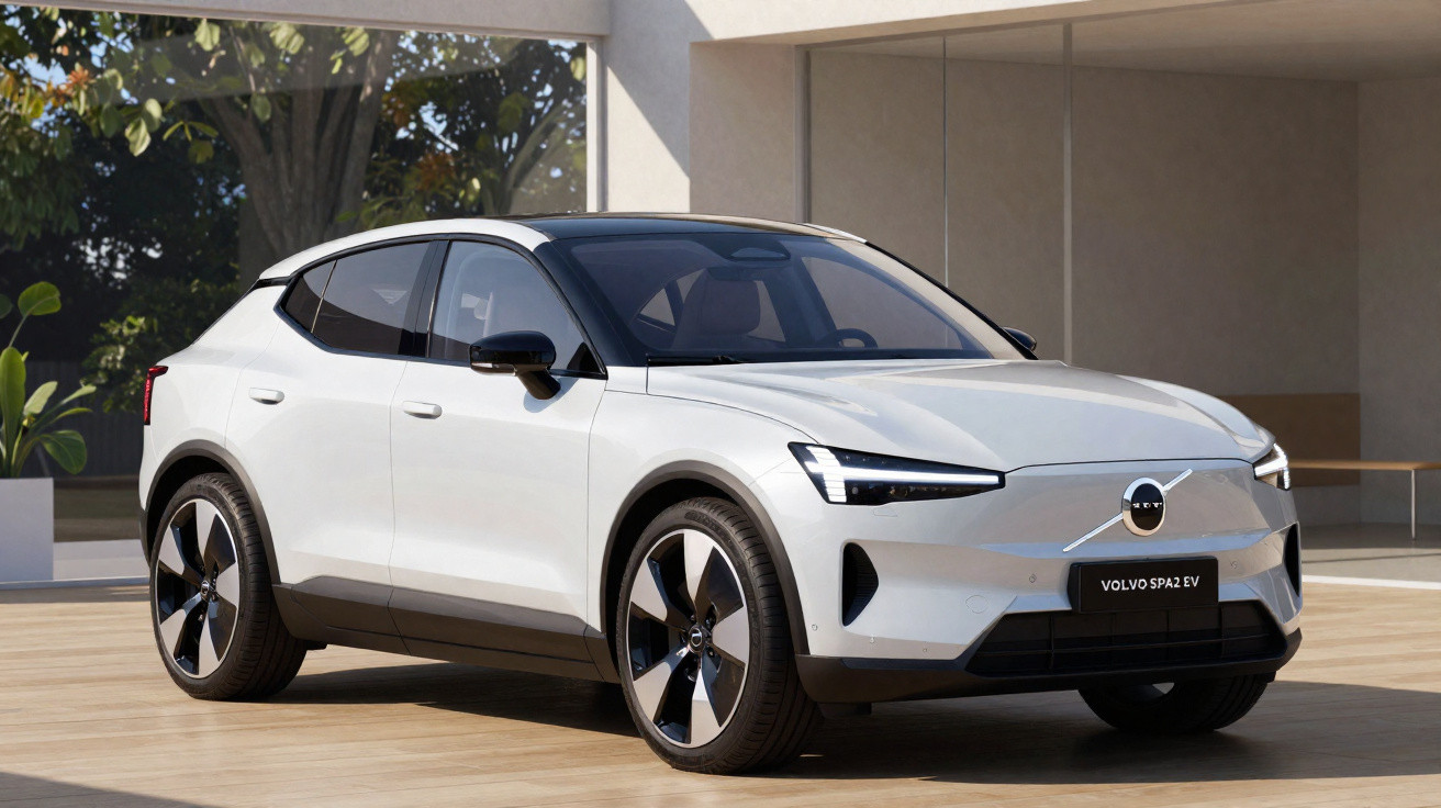 Carro elétrico Volvo SPA2 EV branco estacionado em espaço externo moderno com árvores ao fundo.