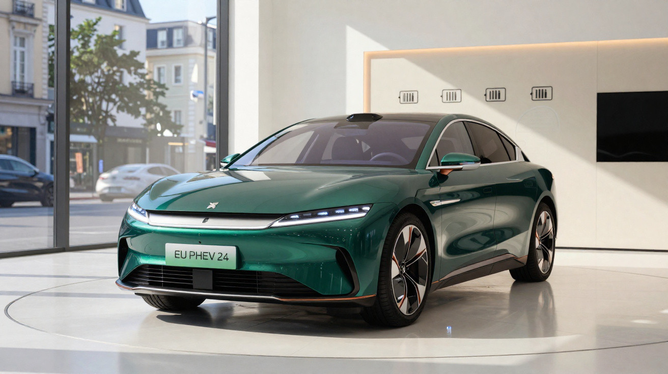 Carro elétrico verde moderno exibido em showroom com grandes janelas e luz natural.