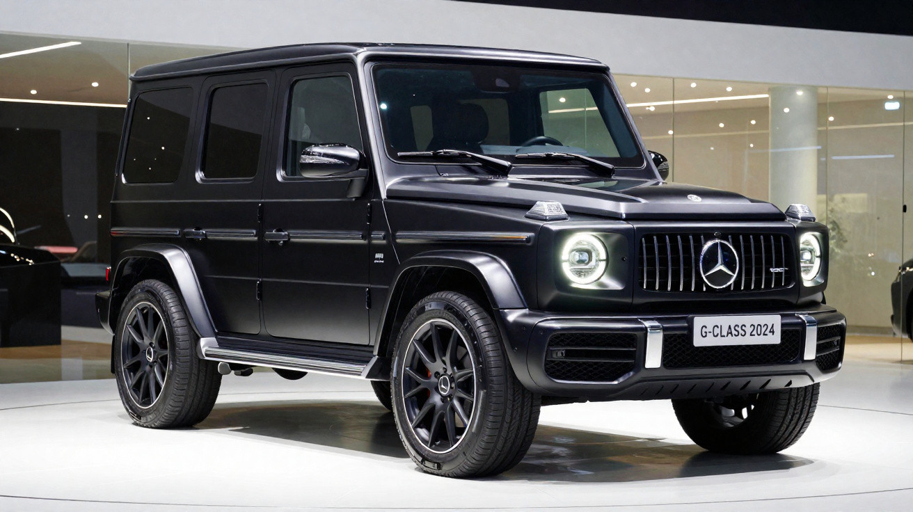 SUV Mercedes-Benz G-Class 2024 preta com faróis acesos em ambiente interno moderno.