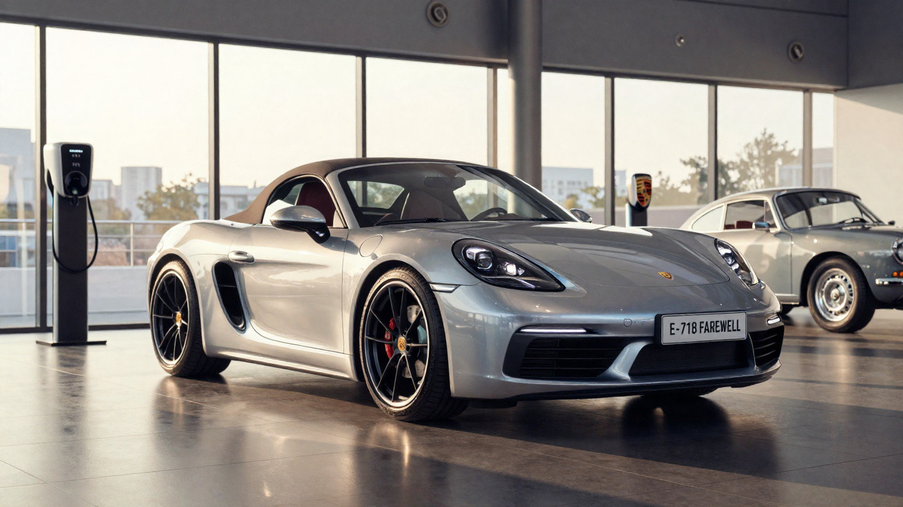 Carro esportivo prata Porsche E-718 Farewell estacionado em showroom moderno com luz natural.