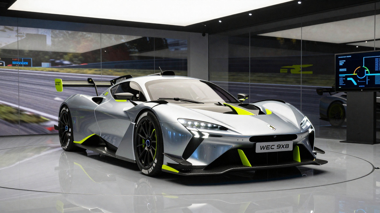Carro esportivo prata com detalhes em amarelo em exposição em ambiente moderno com parede de vidro e tela digital ao fundo.