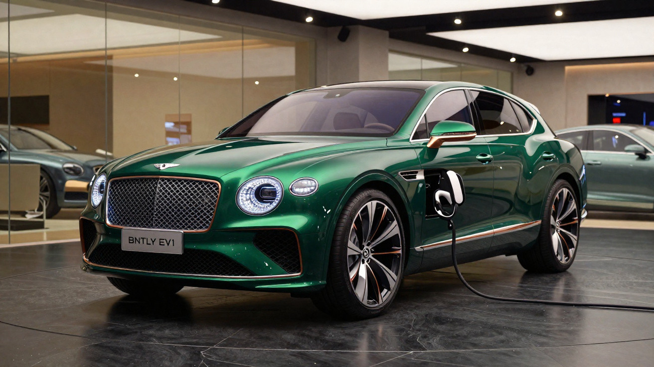Carro elétrico verde Bently EV1 carregando em showroom moderno e iluminado.