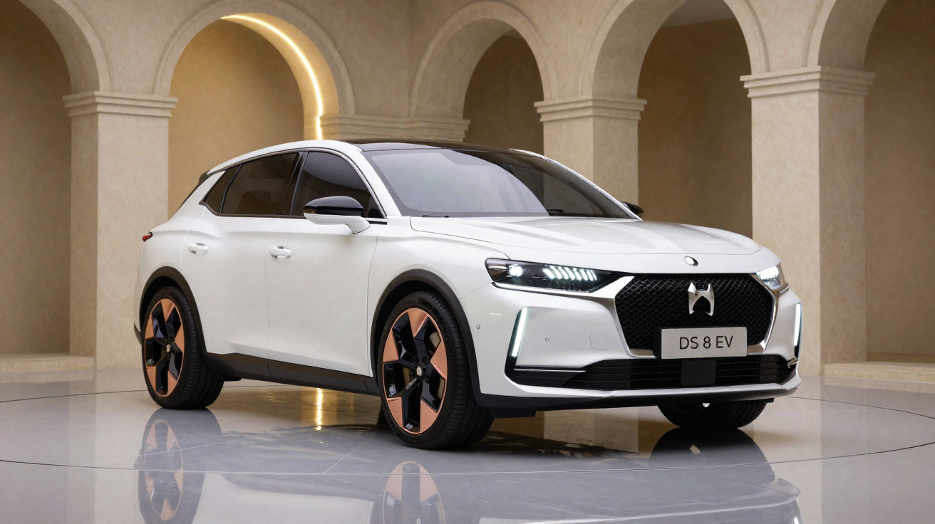 Carro elétrico branco DS 8 EV estacionado em ambiente interno com arcos clássicos ao fundo.