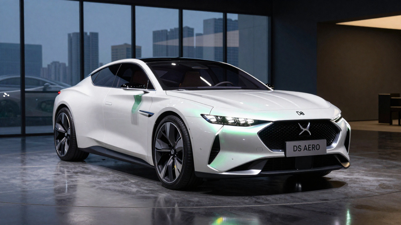 Carro esportivo branco DS Aero estacionado em showroom moderno com janelas grandes ao fundo.