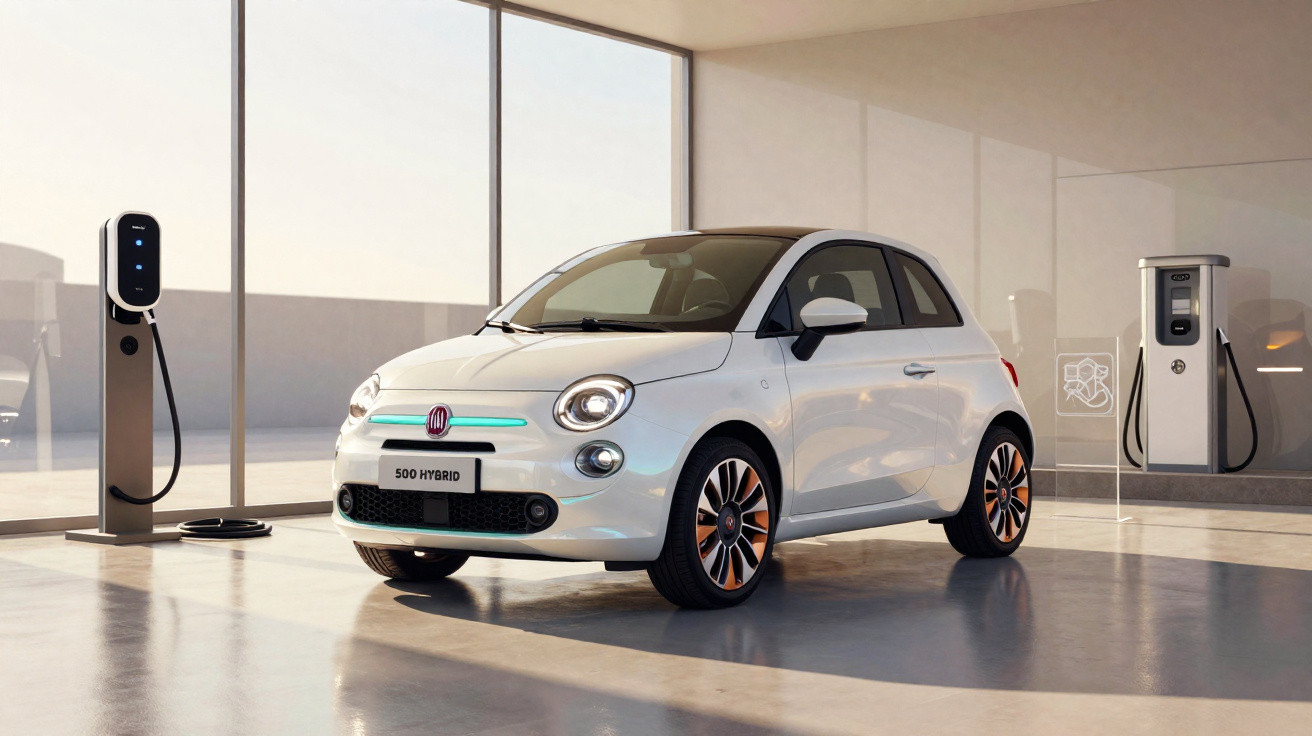 Carro branco Fiat 500 Hybrid estacionado em garagem moderna com estações de carregamento elétrico.