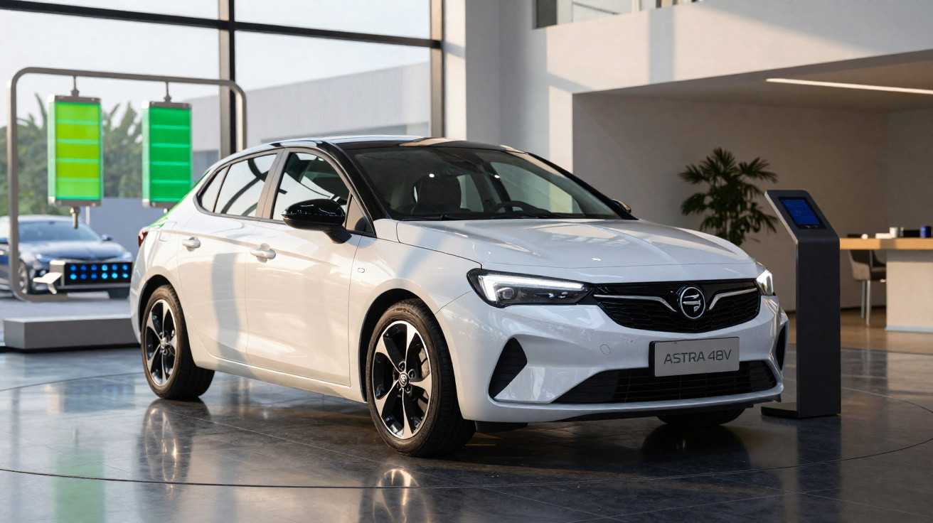 Carro branco Opel Astra 48V estacionado em showroom moderno com painel de controle ao lado.