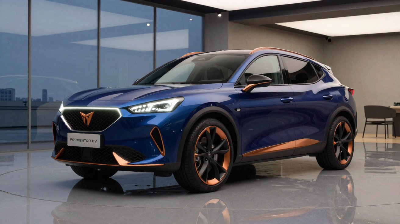 SUV elétrico azul com detalhes em cobre em ambiente interno moderno e iluminação suave.