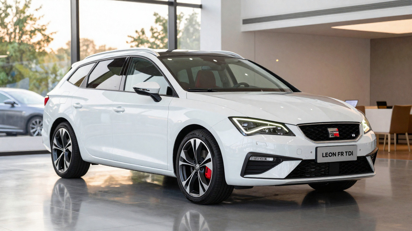 Carro branco moderno modelo Leon FR TDI estacionado em showroom com interior iluminado e janelas grandes.