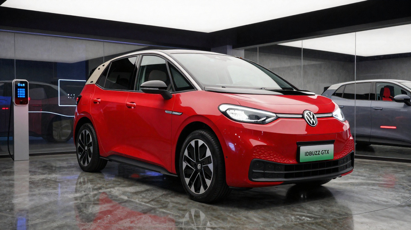 Carro elétrico vermelho Volkswagen ID.Buzz GTX estacionado em showroom moderno com carregador ao fundo.