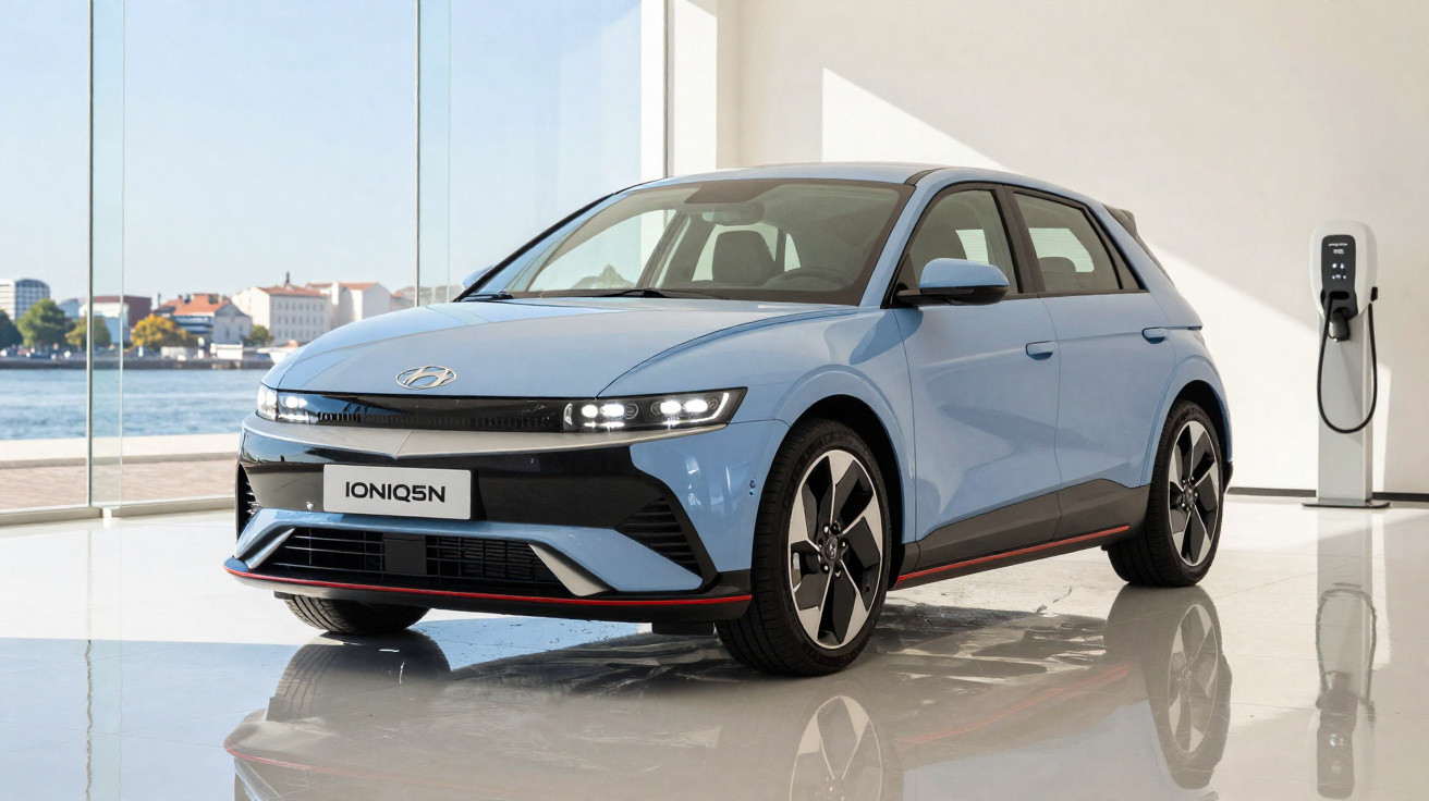 Carro elétrico Hyundai Ioniq 5N azul estacionado em showroom com carregador de parede ao fundo.