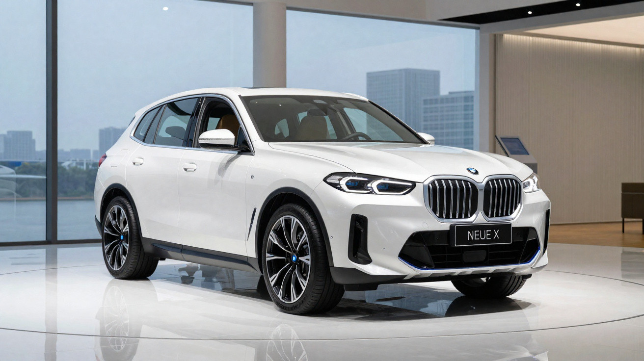 SUV BMW Neue X branco exibido em showroom moderno com grandes janelas e piso brilhante.