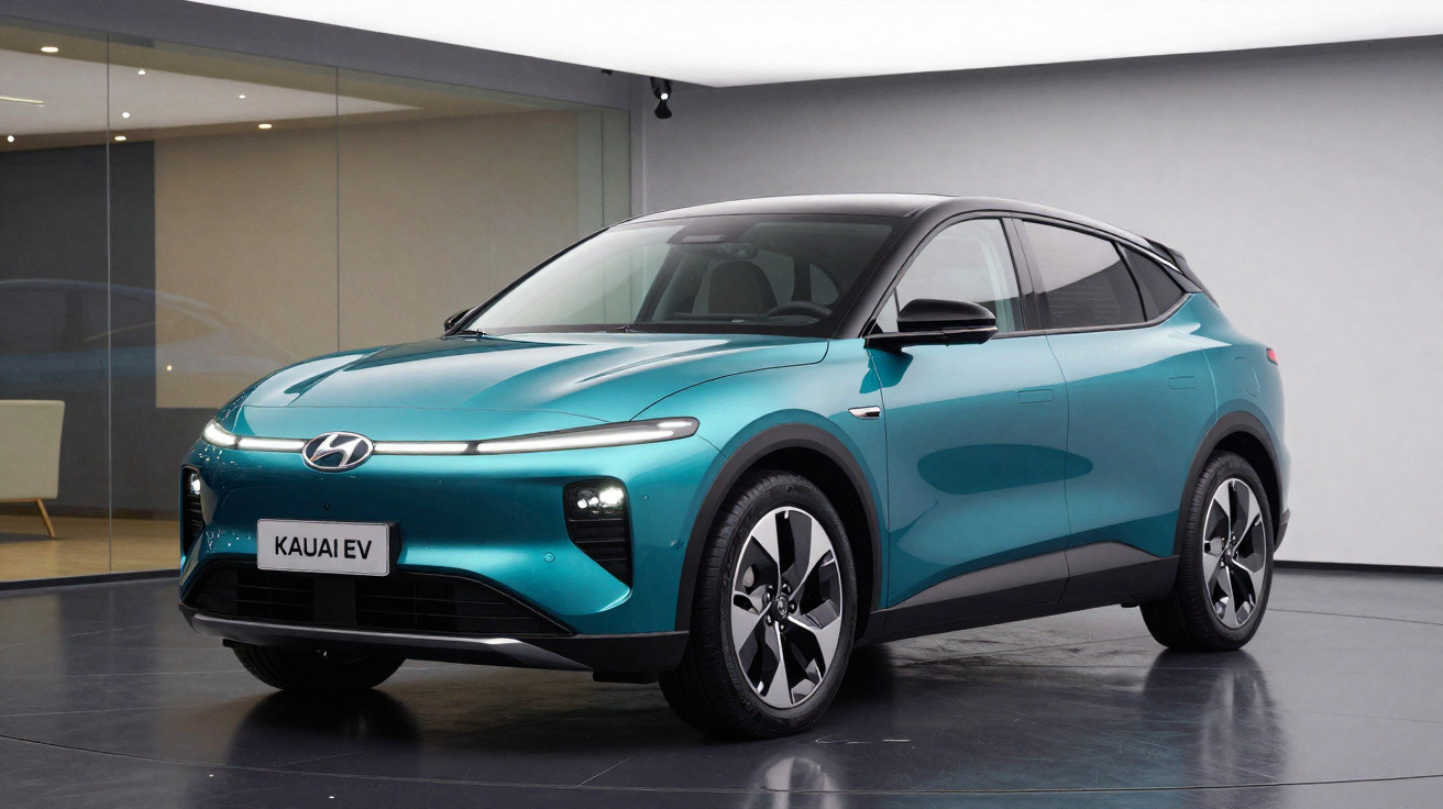 Carro elétrico Hyundai Kauai EV azul estacionado em ambiente interno moderno.