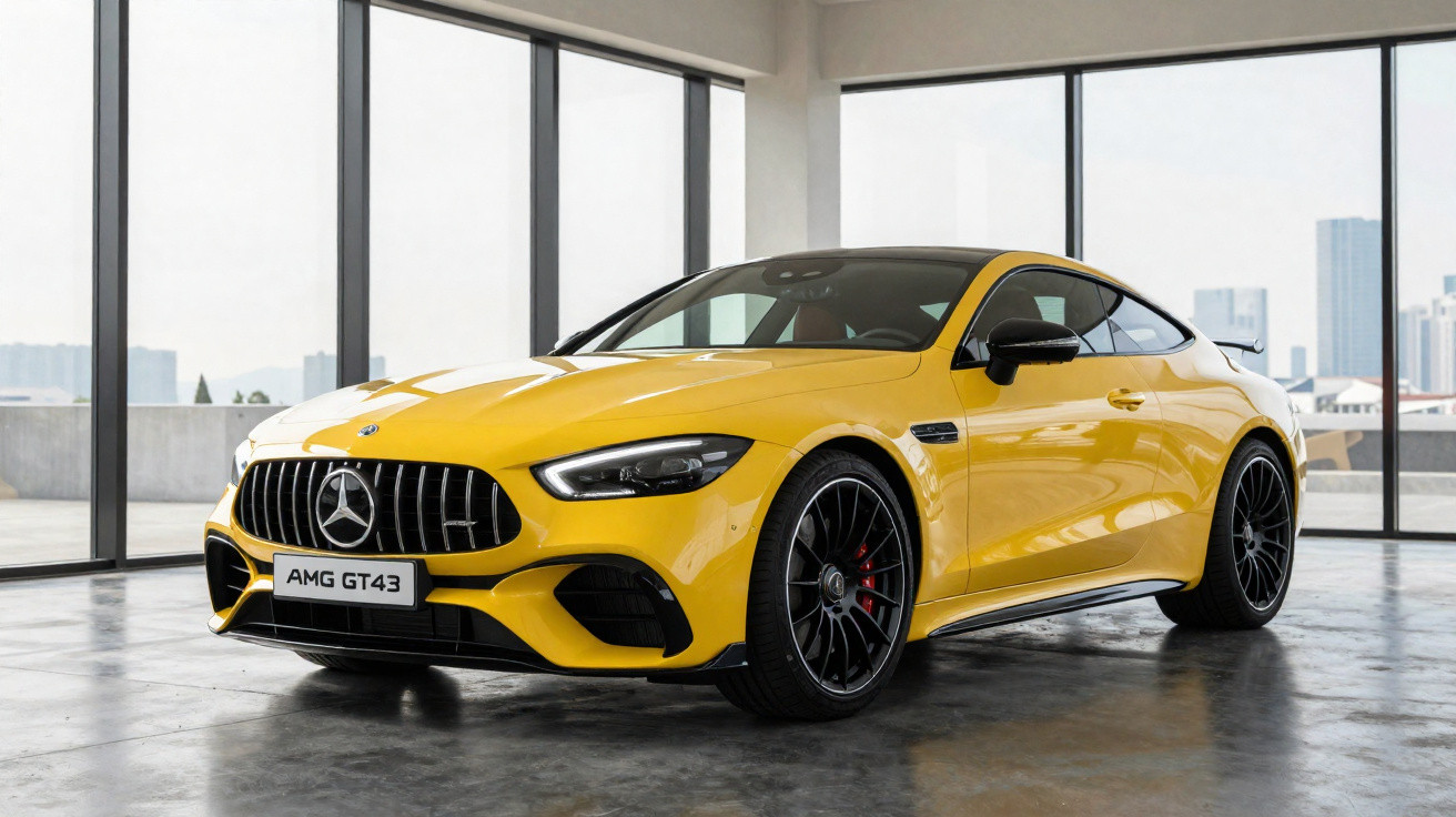Carro esportivo Mercedes AMG GT43 amarelo em garagem com piso de concreto e janelas de vidro.