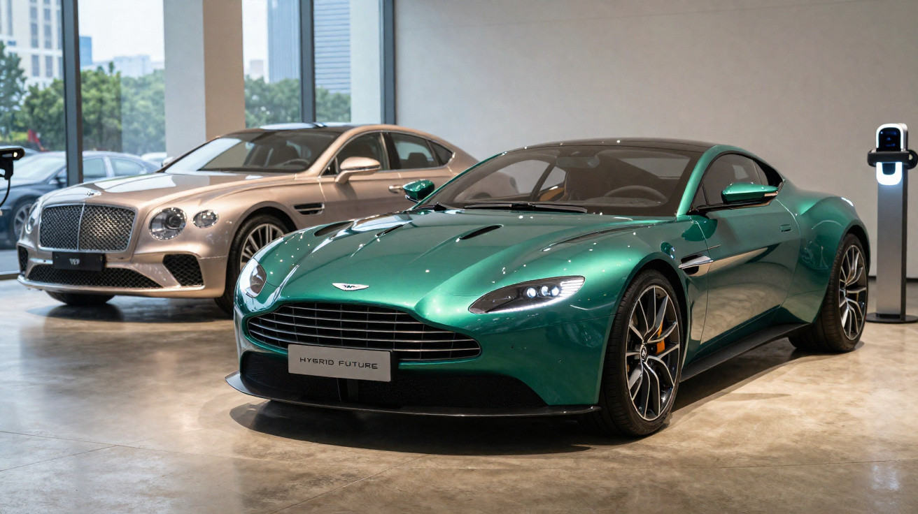Carro esportivo verde e sedan bege estacionados em showroom moderno com carregador elétrico.
