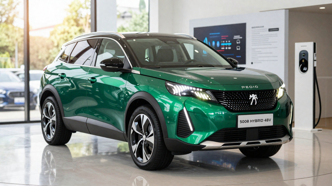 Carro SUV Peugeot 5008 Hybrid 48V verde exibe design moderno em showroom com carregador elétrico ao fundo.