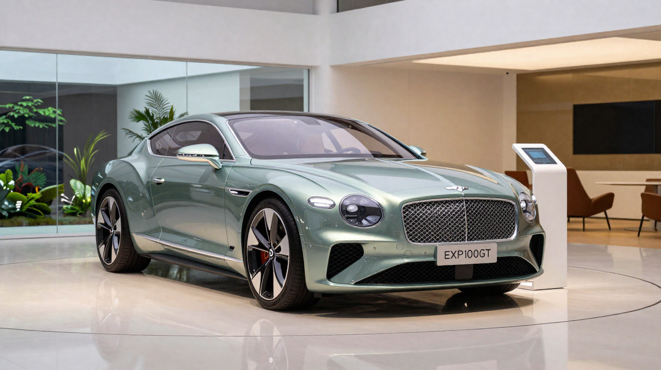 Carro esportivo Bentley EXP 100 GT verde em exposição em ambiente moderno e iluminado.