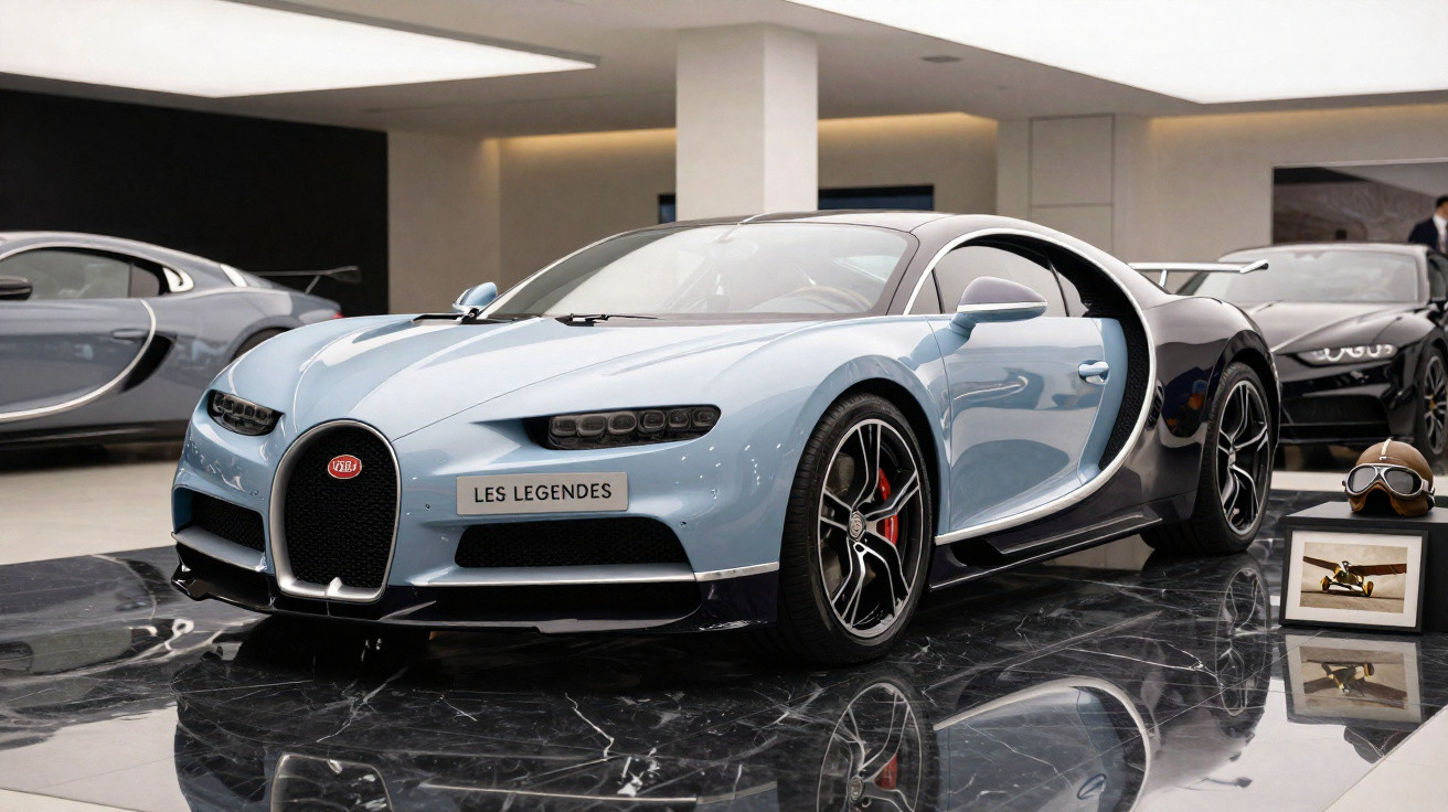 Bugatti Chiron azul com detalhes pretos exposto em showroom moderno com outros carros ao fundo.