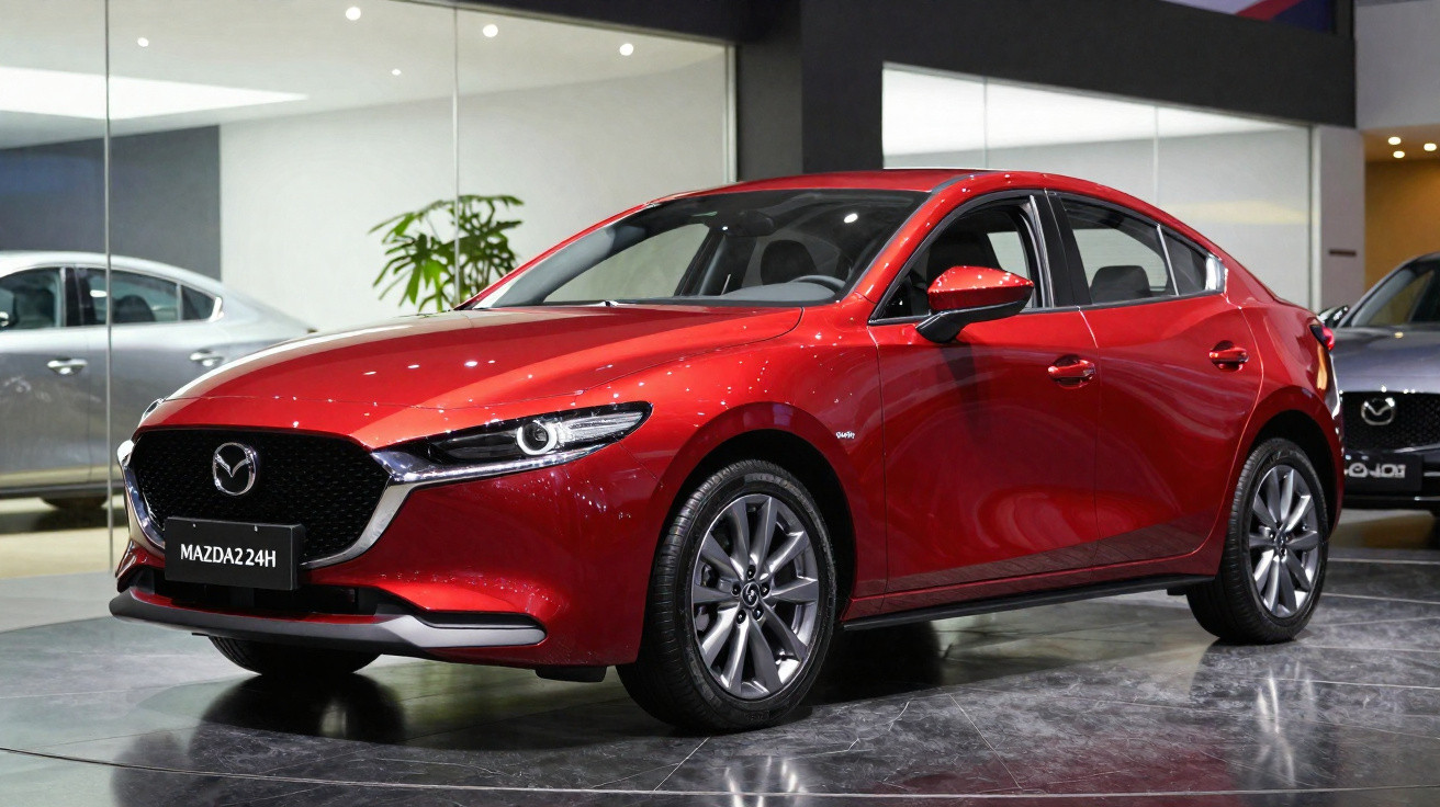 Carro Mazda 24H vermelho exibido em salão de automóveis com acabamento moderno e rodas de liga leve.