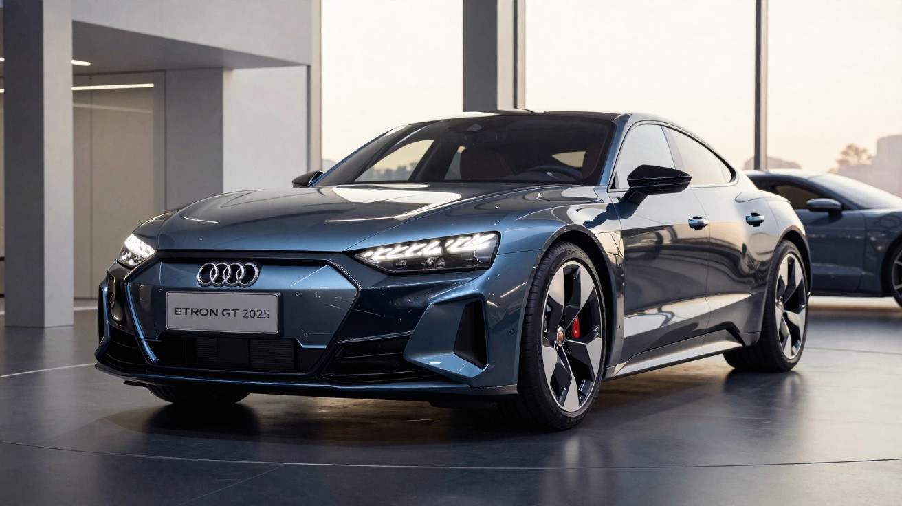 Carro elétrico Audi e-tron GT 2025 cinza exibido em ambiente interno moderno.