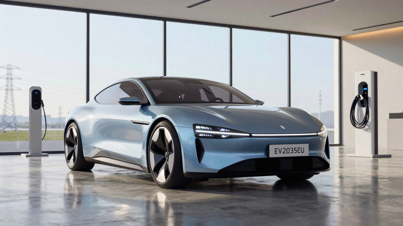 Carro elétrico esportivo azul estacionado em garagem moderna com duas estações de recarga, vidro ao fundo.