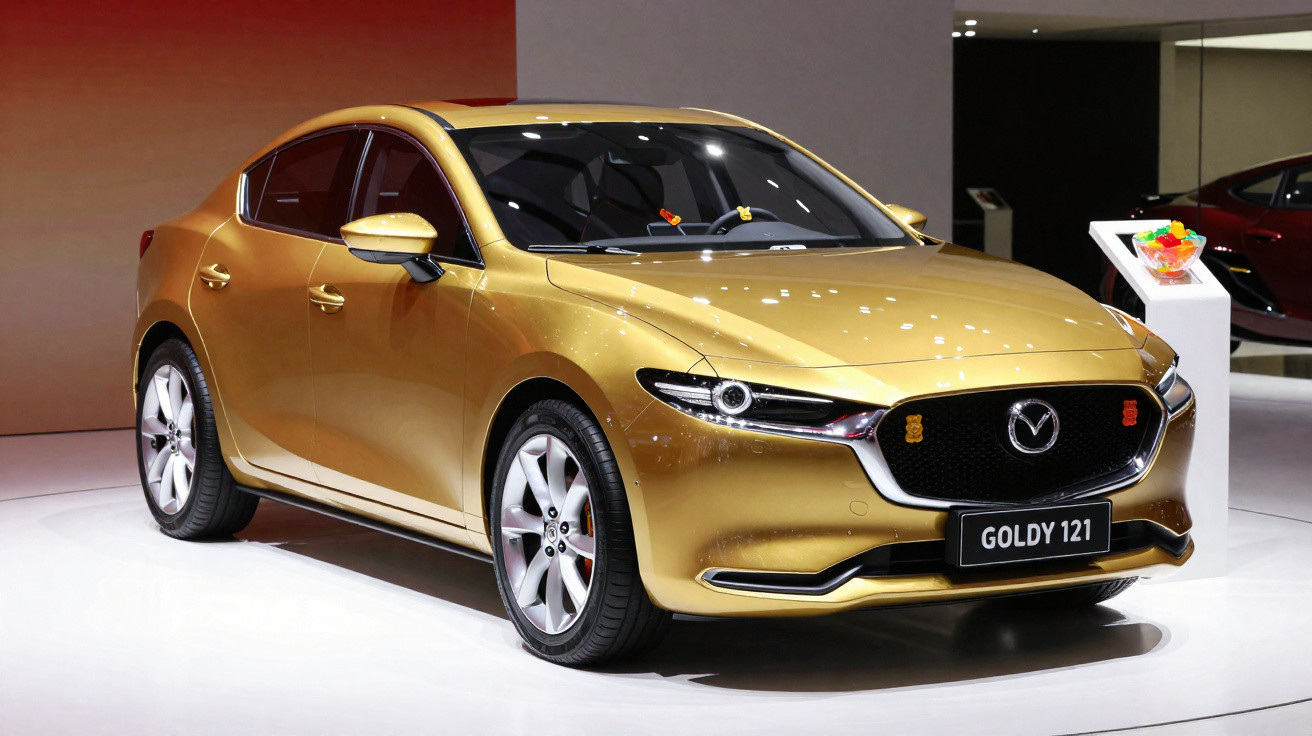 Carro sedã dourado, modelo Mazda, em exposição com placa frontal preta escrita Goldy 121.