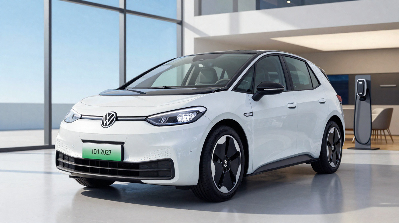 Carro elétrico Volkswagen ID.1 branco estacionado em ambiente interno moderno com carregador ao fundo.