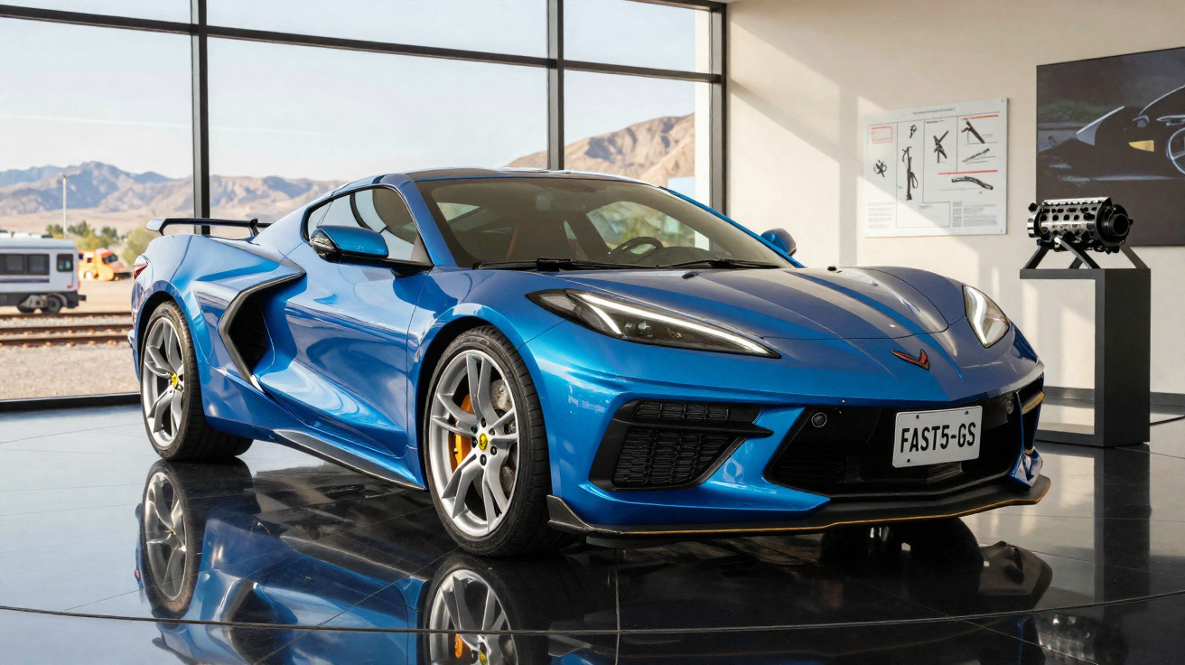 Carro esportivo azul Chevrolet Corvette C8 estacionado em showroom com vidro e montanhas ao fundo.